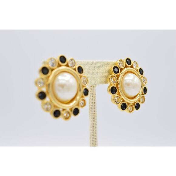 Givenchy Vintage Crystal Clip On Earrings Black Gold Pearl Chunky Signed 80s 9C - Picture 5 of 12